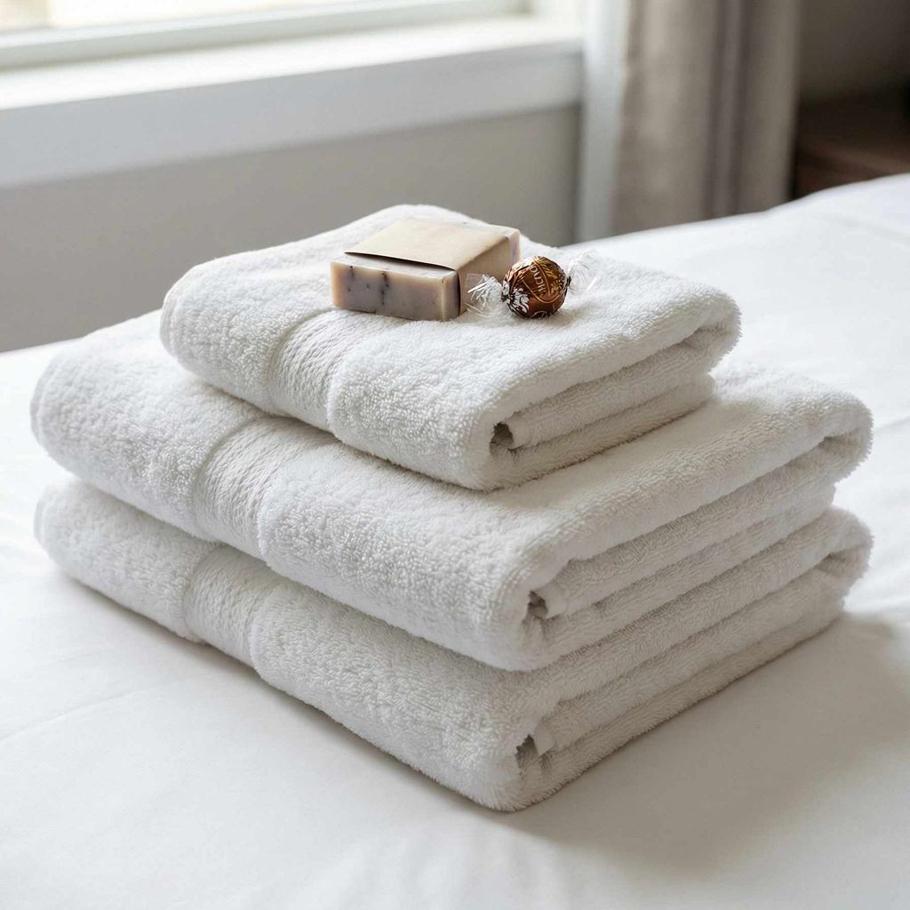 Frische Handtücher und Willkommensgeschenk auf dem Bett - Airbnb Reinigung Berlin.