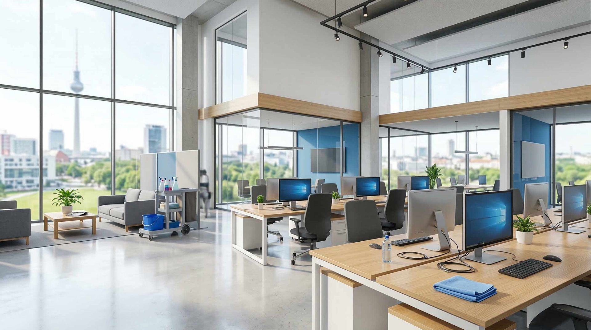 Modernes, sauberes Büro in Berlin mit Blick auf den Fernsehturm, frisch gereinigt von Shine Gebäudeservice Berlin.