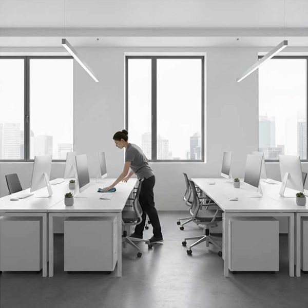 Reinigungskraft wischt Schreibtisch in modernem Büro - Büroreinigung in Berlin
