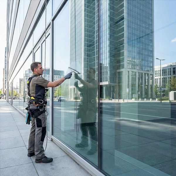 Reinigungskraft reinigt große Glasfassade mit Abzieher - Fensterreinigung in Berlin