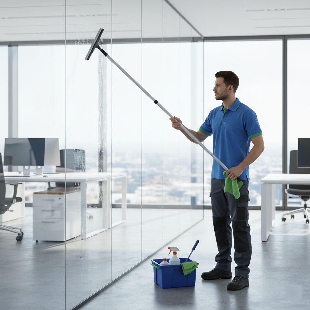 Fensterreiniger mit Abzieher an Innen-Glasfront – professionelle Fensterreinigung in Berlin, Shine Gebäudeservice.