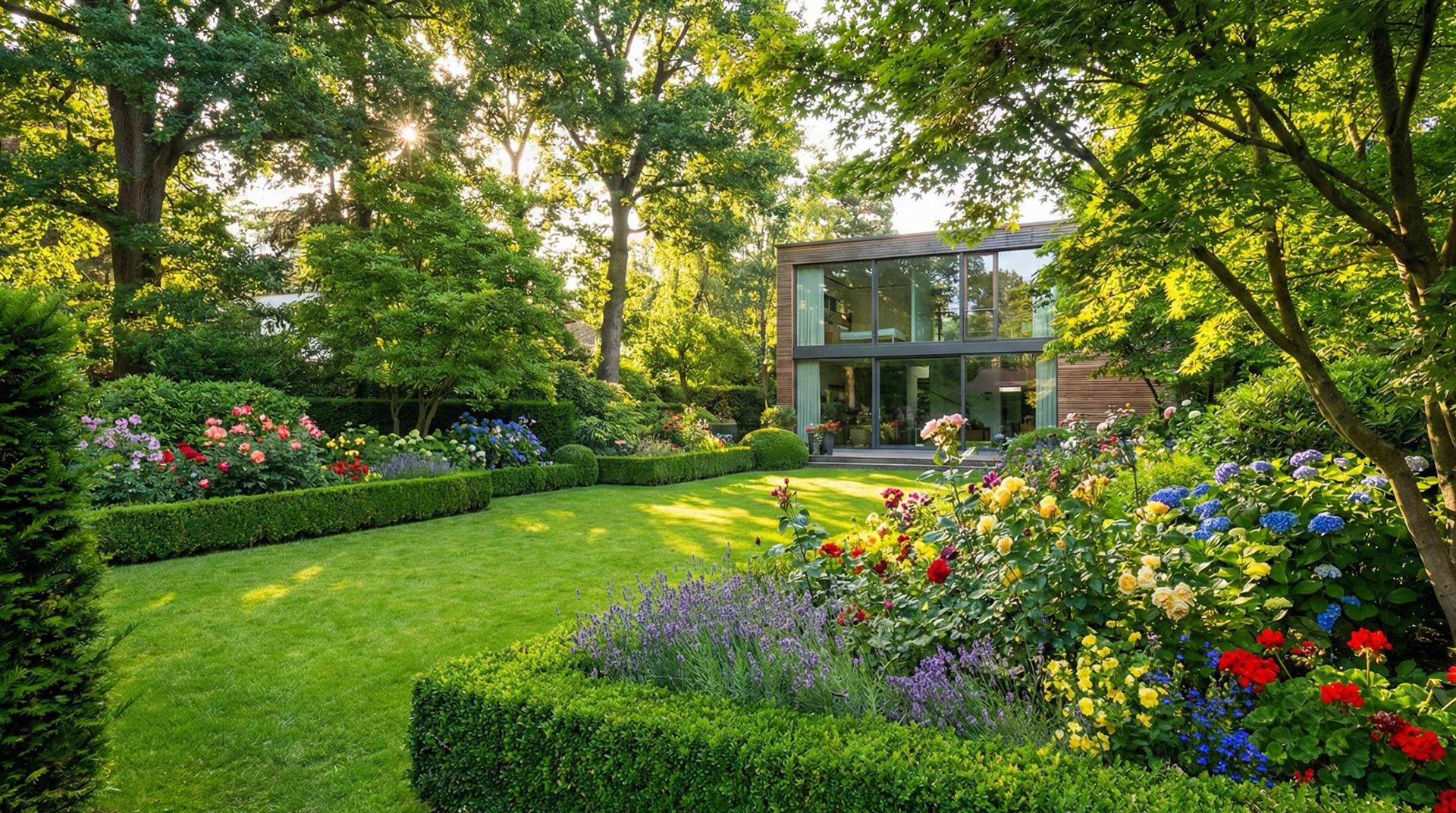 Gepflegter Garten mit Rasen und Blumenbeeten in Berlin - Shine Gebäudeservice