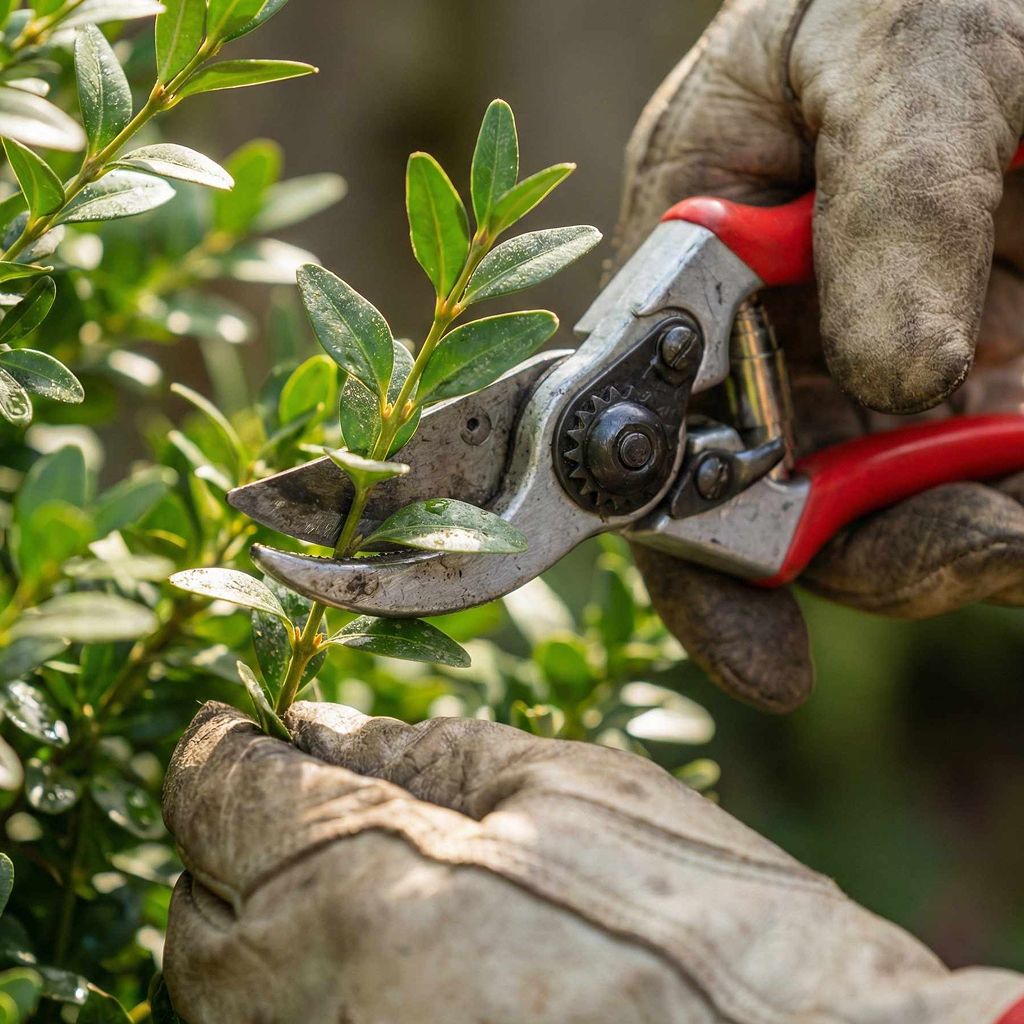Gärtner beim Heckenschnitt mit professioneller Schere - Gartenpflege Berlin.