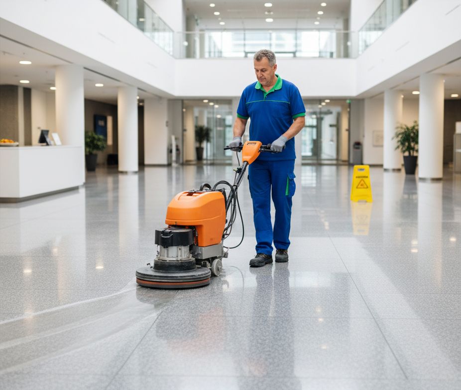 Mitarbeiter führt Bodenreinigungsmaschine in Gebäudelobby – professionelle Gebäudereinigung in Berlin, Shine Gebäudeservice.