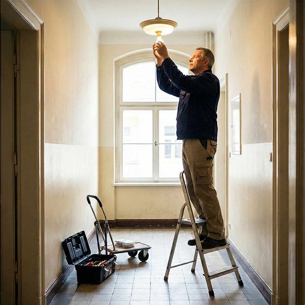 Hausmeister wechselt Glühbirne in einem Wohnhaus - Hausmeisterservice in Berlin
