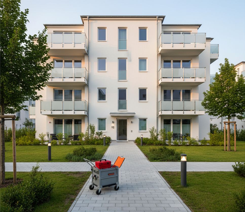 Saubere Außenanlage vor gepflegtem Gebäude – Hausmeisterservice in Berlin, Shine Gebäudeservice.