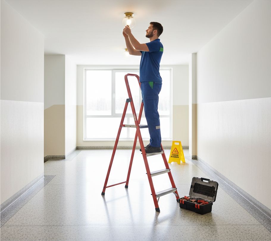 Hausmeister wechselt Glühbirne im Treppenhaus – Hausmeisterservice in Berlin, Shine Gebäudeservice.