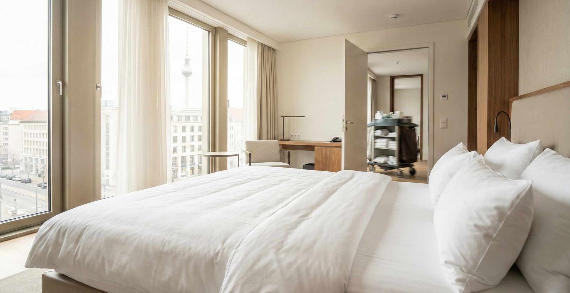 Luxuriöses, frisch gemachtes Hotelbett in einem Berliner Hotelzimmer, bereit für den Gast - gereinigt von Shine Gebäudeservice