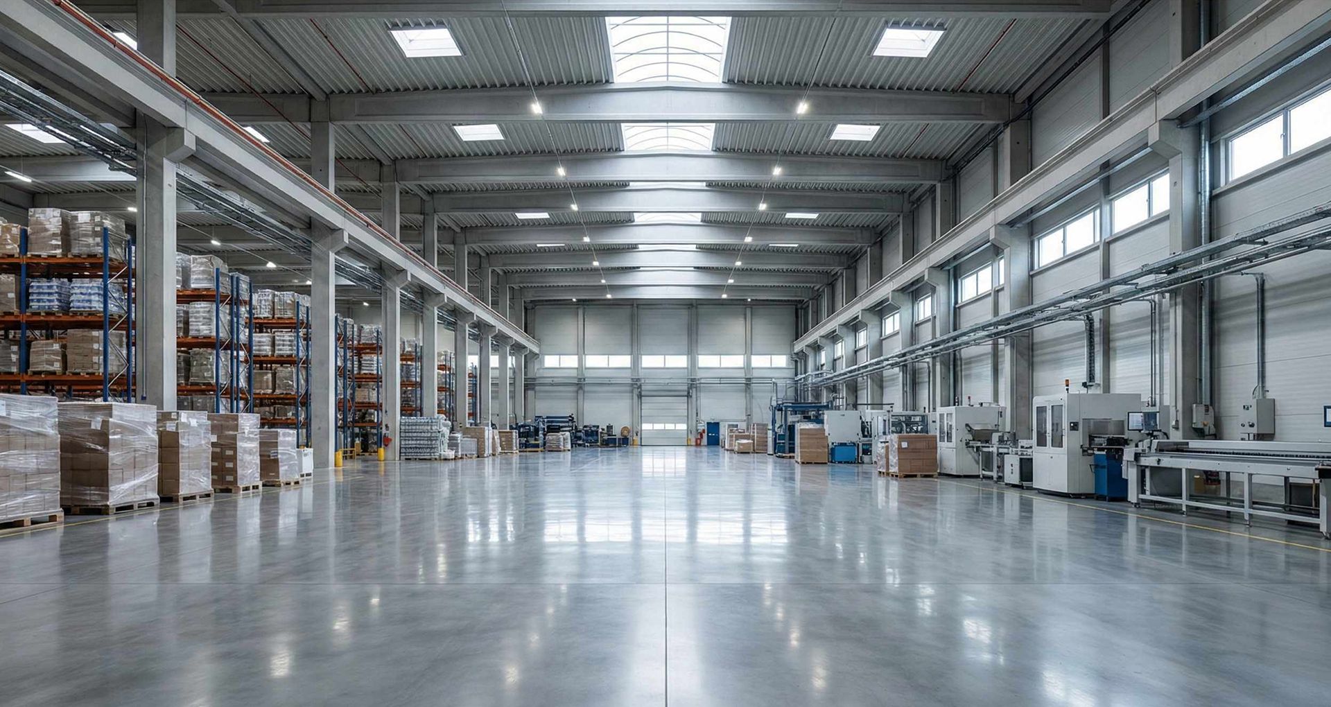 Saubere Industriehalle mit glänzendem Boden - Shine Gebäudeservice Berlin