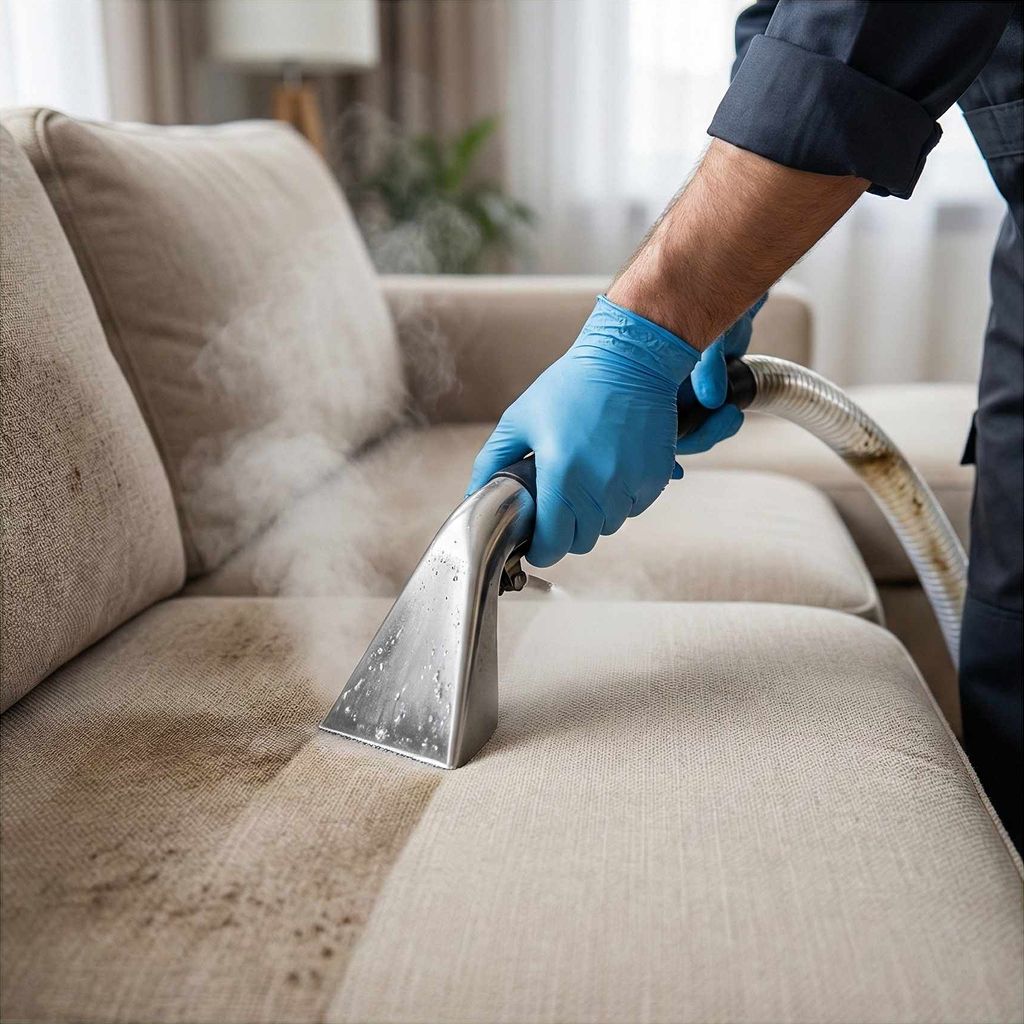 Professionelle Polsterreinigung eines Sofas mit Sprühextraktion - Shine Gebäudeservice Berlin.