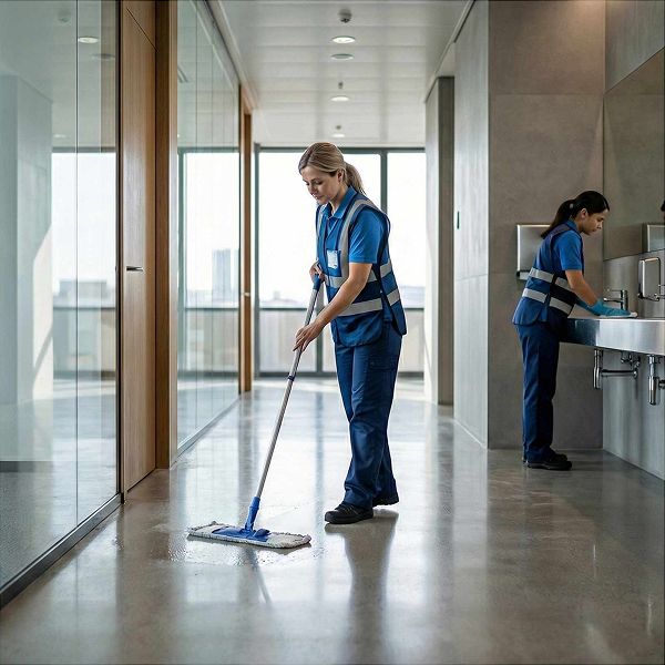 Reinigungskräfte wischen Boden und reinigen Waschbecken - Unterhaltsreinigung in Berlin